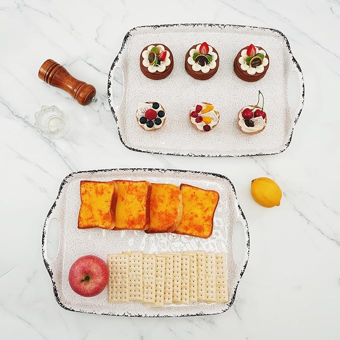 TP Large Serving Trays with Handles, 19" x 12" Melamine Serving Platters for Food, Turkey, Set of 2 Rectangular Trays for Party, Rustic White