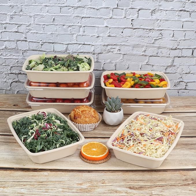 JAYEEY 32 oz Rectangle Disposable bowls with lids,Sugarcane Fibers Bowls take away food containers Plant Fibers Freezer Safe 50 Pack