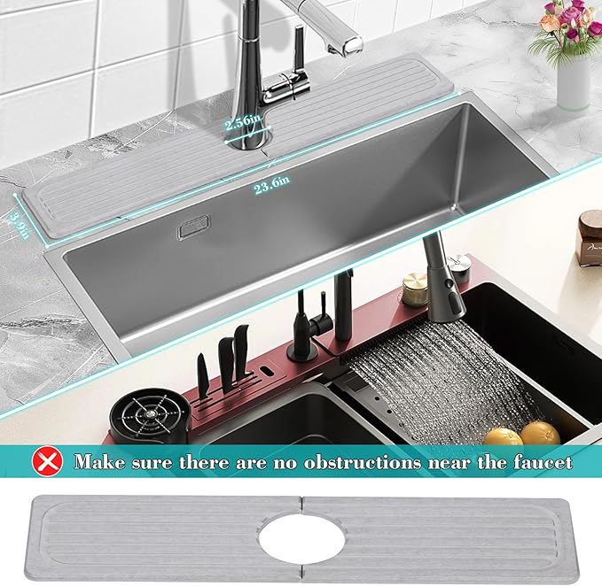 Stone Faucet Mat for Kitchen Sink, 23.6" Diatomite Drying Stone Kitchen Sink Mat Super Absorbent, Stone Kitchen Sink Splash Guard, Sink Stone Quick Dry Around Faucet for Kitchen Bathroom Counter