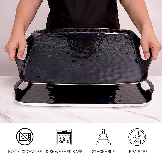 TP Large Serving Trays with Handles, 19" x 12" Melamine Serving Platters for Food, Turkey, Set of 2 Rectangular Trays for Party, Retro Black