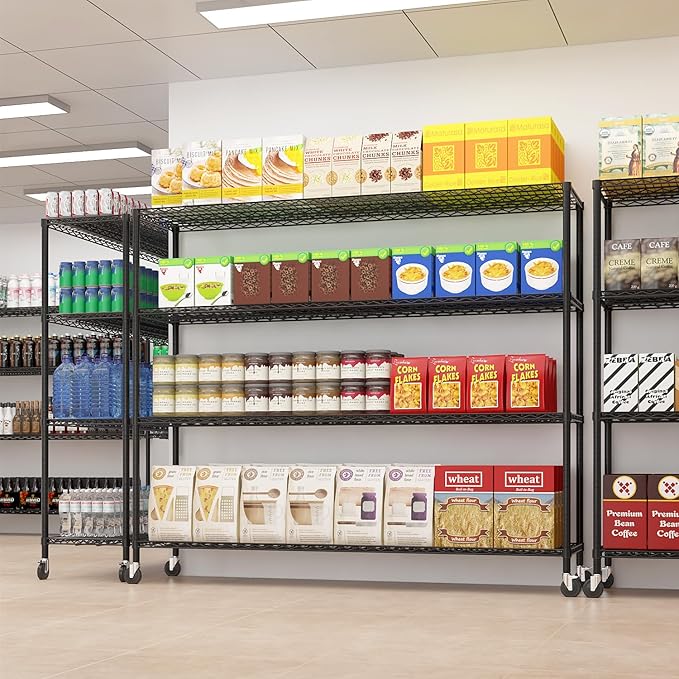 Karl home 4-Tier Metal Storage Shelves, Adjustable Wire Shelving Unit with Wheels & Leveling Feet, Heavy Duty Garage Shelving, Pantry & Kitchen Display Shelf Organizer, Home Storage Rack