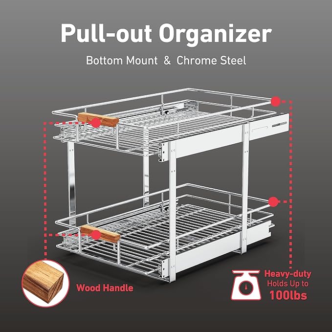 Mount Walker Pull Out Cabinet Organizer(11" W x 21" D), 2 Tier Wire Basket Slide Out Shelf Storage with Wood Handle, Pull Shelf Drawers for 12-1/4” Cabinet Opening, Chrome