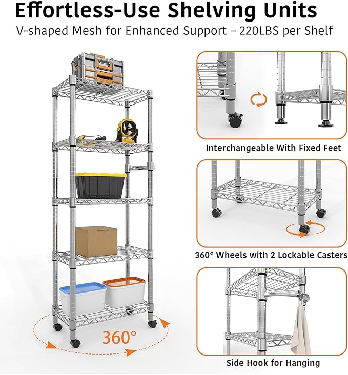 Metal Storage Shelves 5 Tier with Wheels, 1100 LBS Adjustable Wire Shelving Rack Shelves Units with Side Handle for Hanging, Rolling Shelf Organizer for Kitchen Garage, 11.8" W x 23.6" D x 61"H,Silver