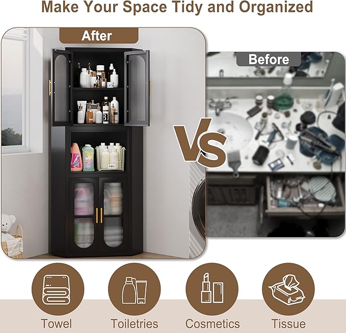 pozdeg 64" Tall Metal Corner Storage Cabinet with Acrylic Glass Doors ＆ Open Display Storage Shelves, Farmhouse Corner Pantry Storage Cupboard for Kitchen, Laundry Room, Bathroom or Bedroom (Black)