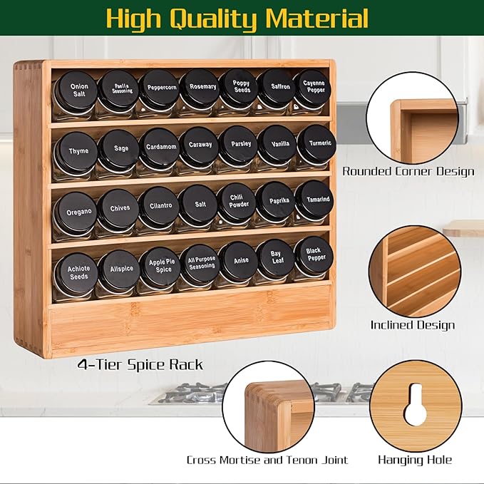 Bamboo Tiered Spice Rack Organizer for Cabinet,Wooden Seasoning Rack for Countertop, Cupboard, Pantry, Kitchen (Spice Jars Not Included)