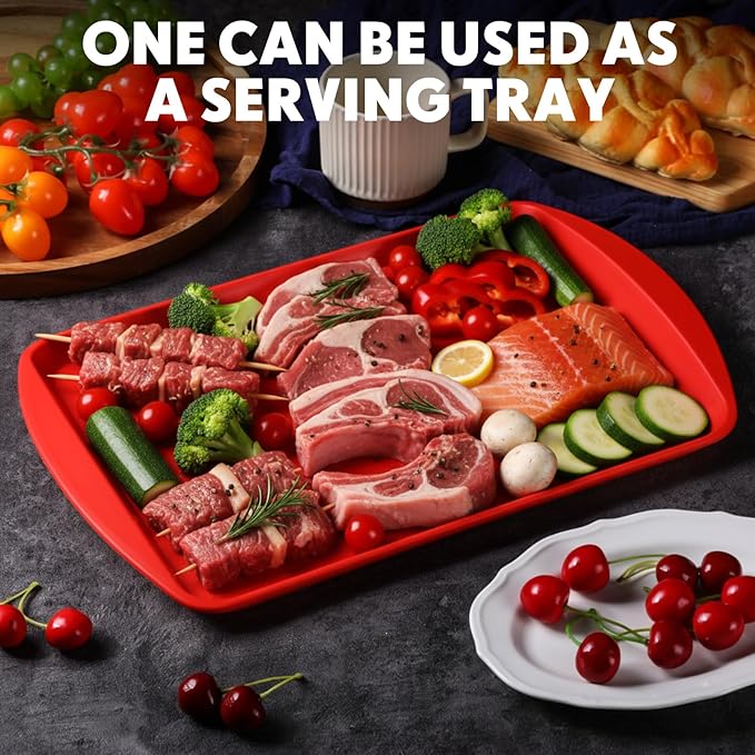 DoubleFill Set of 4 Grilling Prep and Serve Trays, 14x10 Inch Large BBQ Platter for Raw and Cooked Food, Cooking Meat Plastic Grilling Trays, Black and Red Stackable Defrosting Prep and Carry System
