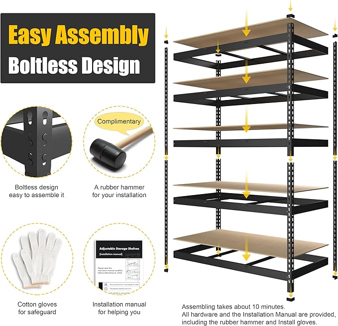 PrimeZone 48" W x 18" D x 72" H Garage Shelving Heavy Duty - Adjustable Metal Storage Shelves, 5 Tier Industrial Shelving Unit, Utility Shelf Rack for Basement, Warehouse, Pantry, Closet, Black