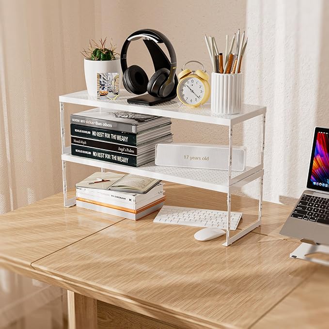 Asiingkel Stackable Expandable Metal Shelf Organizer - Adjustable Wire Storage Rack with Holes for Kitchen, Bathroom, Cabinet, Office - Space Saving, Durable & Sturdy Design（3PACKS/Medium/White