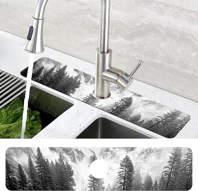 Winter Forest Mountain Sink Faucet Absorbing Mat Sink Splash Guard Faucet Mat Draining Mat Fast Drying Sink Protectors for Kitchen and Bathroom 5.5"×24"