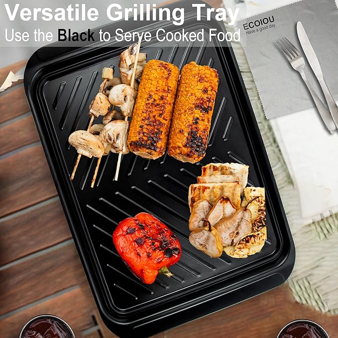 ECOIOU Grilling Prep and Serving Tray with Lid, Bamboo BBQ Deep Trays for Marinating Raw and Cooked Food, Melamine Serving Trays for Food, Black and Red