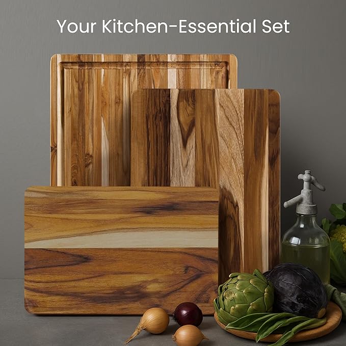 Teakhaus Teak Wood Cutting Board Set of 3 - Small, Medium and Large Teak Cutting Boards - Holiday Gift Ideas for Men and Women - Gift-Ready, Reversible, Edge Grain, Knife Friendly - FSC Certified