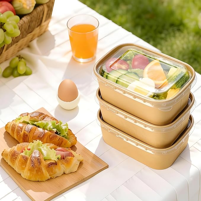 FEHHTO 50-Pack 35oz Meal Prep Containers Disposable Kraft Paper Bowls with Lids & Compostable Cornstarch Forks, Extra Large Heavy Duty Food Containers, Microwave & Freezer Safe for Hot & Cold Foods