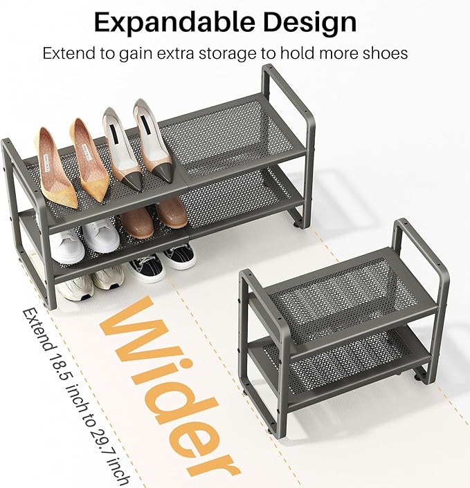 SNTD Shoe Rack - Expandable Shoe Organizer for Closet, Adjustable Metal Shoe Shelf Storage, Stackable Long Shoe Stand Holder for Garage, Entryway, Door Entrance (Grey, 2-Tier)