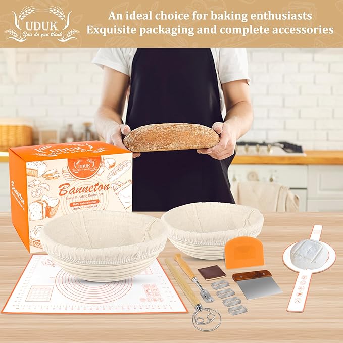 UDUK Bread Proofing Basket Set with 10" Round and 9.6" Round Banneton Baskets, Silicone Bread Sling Baking Mat, Whisk Cutter Scraper Lame - Sourdough Bread Baking Supplies Ideal Sourdough Starter Kit