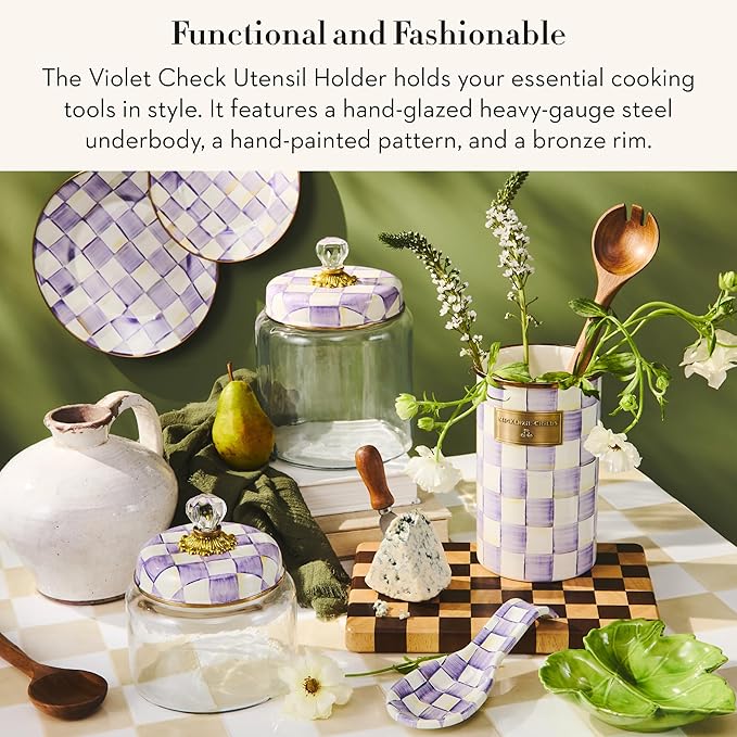 MACKENZIE-CHILDS Enamel Utensil Holder, Stylish Kitchen Countertop Organizer, Purple-and-White Violet Check