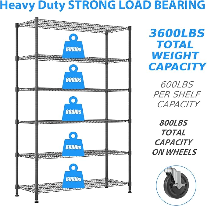 Homdox Heavy Duty Storage Shelves, 6 Tier Wire Shelving Unit with Wheels, Commercial Adjustable Metal Shelves for Storage, Garage Rack Pantry Shelves Kitchen Shelving, 18"x48"x82", Black