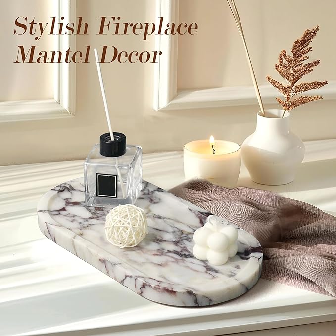 YMXYJM 100% Real Natural Marble Tray for Bathroom, Luxury Calacatta Viola Stone Vanity Tray, Decorative Oval Trays for Countertop Storage Organizer, Dresser, Kitchen, Home Decor, 11.8" x 6", Purple