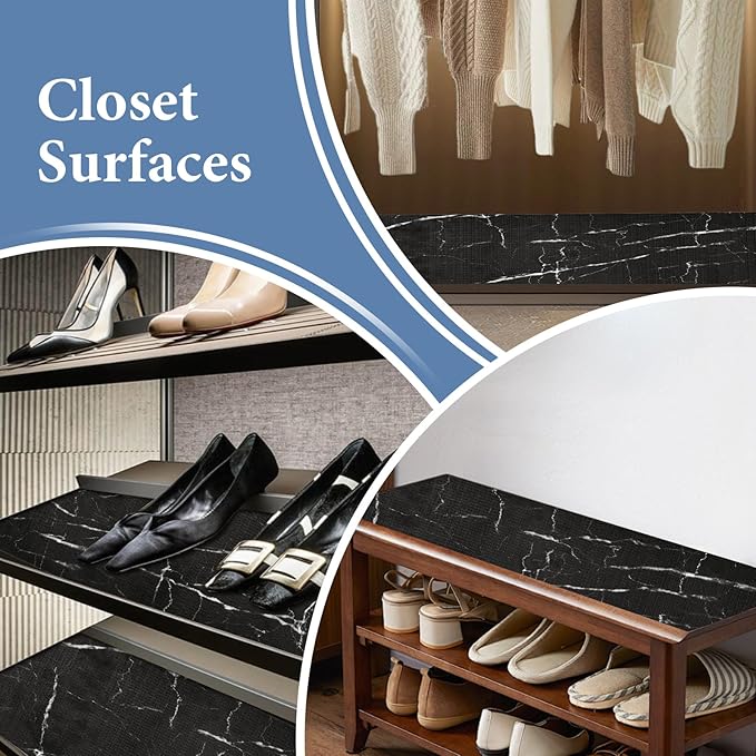 Drawer and Shelf Liner for Kitchen Cabinet: 23 in X 30 Ft Non Slip Waterproof Shelf Paper Non Adhesive Refrigerator Liners Black Marble Easy Liners for Bathroom with Knife Tape Measure