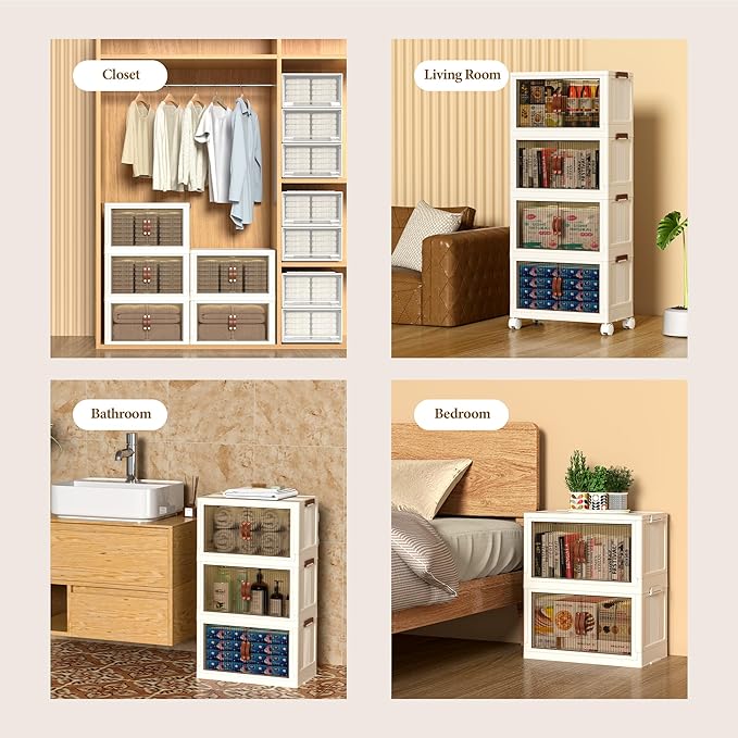 Collapsible Storage Bins with Lids - Stackable Plastic Closet Organizers for Clothes, and Home Organization White (4-rack, 9 Gal/rack)