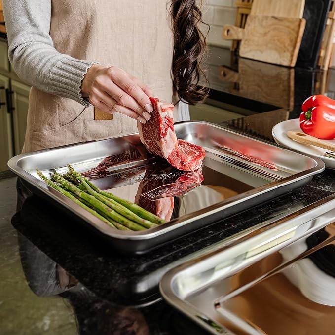 BLAZIN' GRILL Prep and Serving Trays | Set of 2 Stackable Stainless Steel Trays | Trays for Marinating, Serving & Chopping | Serving Platter for Plating Food & BBQ Prep Tub | Grilling Accessories