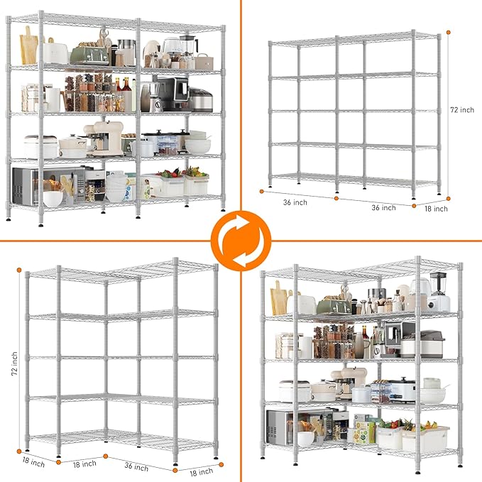Homdox Heavy Duty Metal Shelves for Storage, 5 Tier Storage Racks and Shelving, Adjustable Wire Shelving Unit, Garage Rack Pantry Shelves Kitchen Shelving, 18"x72"x72", Silver Gray