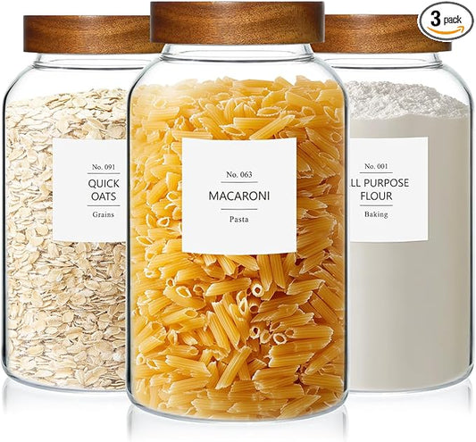 KEYWING 88oz Large Glass Jars with Airtight Acacia Wood Lids, Set of 3 Food Storage Containers for Flour, Sugar, Rice, Pasta, Cereal, Cookies – Includes 126 Labels