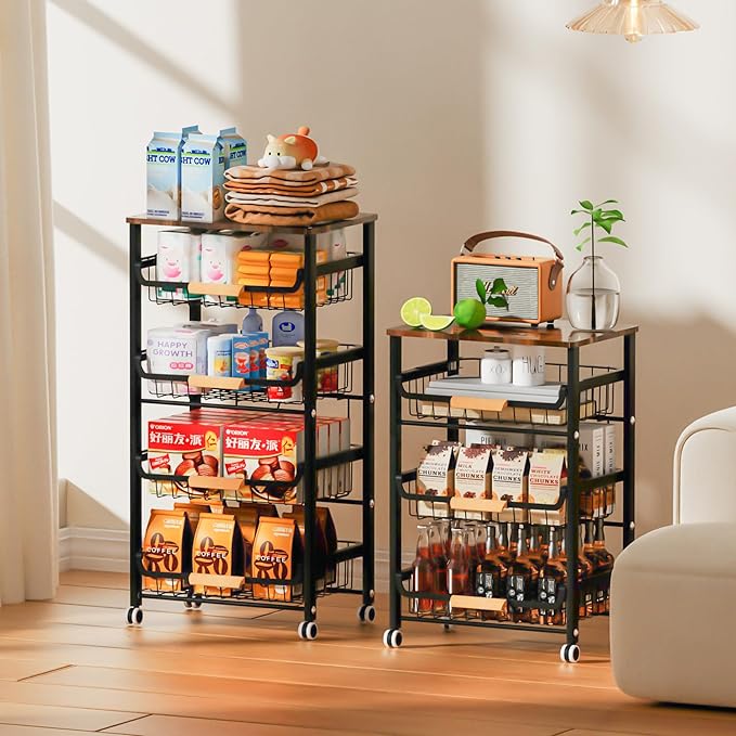 Fruit Vegetable Basket for Kitchen,5 Tier Pantry Organizer with Wheels,Snack cart with Wood Top,Metal Wire Storage Basket Organizer Baskets for Kitchen, Pantry, Bathroom