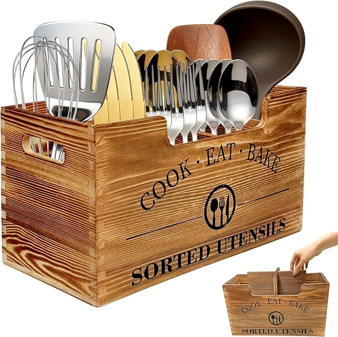 Iiglunatic Upgraded Design Wooden Utensil Holder for Kitchen Counter, Large Utensil Holder with 3 Adjustable Combination Designs for Countertop Organization, Ideal for Kitchen