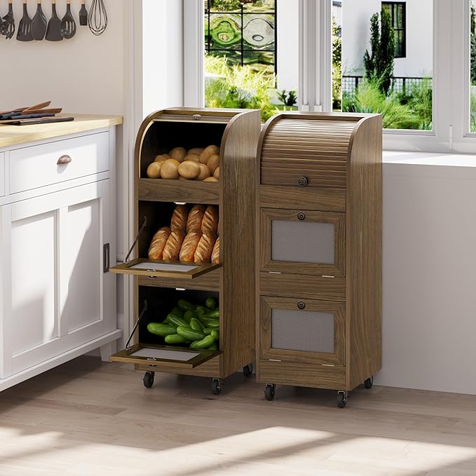 Potato and Onion Storage Bin,Potato Storage Bin Movable Bread Box with Wheels,Root Fruit and Vegetable Storage,Farmhouse Bread Storage Container,Kitchen Pantry Cabinet (Brown)