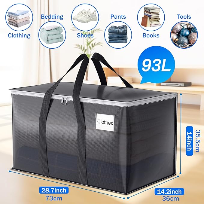 6 Pack Moving Bags Heavy Duty, Moving Boxes, Storage Bags with Zipper & Handles & Tag for College & Dorm Moving Supplies Grey Laundry Hamper Bag, Foldable Space-saving Totes (93L, Grey)