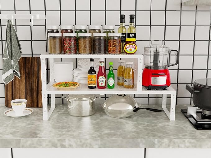 Jojocross Adjustable Expanable Stackable Spice Rack Shelf Pantry Storage Organizer for Kitchen Cabinet,Countertop,Bathroom and More.Space is no Longer Limited(2Packs/White/Large)