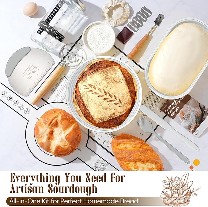 Sourdough Starter Kit with Jar – Complete Sourdough Bread Baking Supplies for Beginners, Includes 2 Silicone Proofing Baskets Baking Mat Sour Dough Kit - Gray