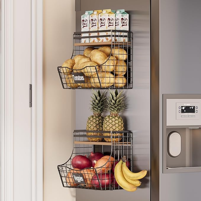 Magnetic Shelf for Fridge with Adjustable Wood Lid & Nameplate, Fruit Potato & Onion Storage Bins with 2 S Hook, Magnetic Spice Rack for Refrigerator, Magnetic Fridge shelf for Kitchen Pantry Laundry