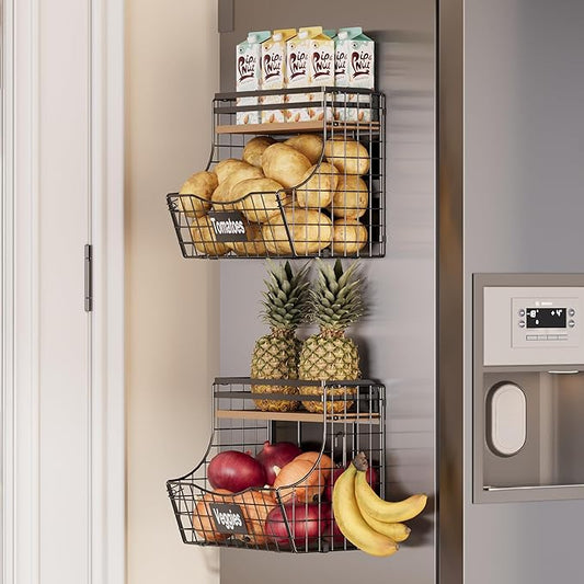 Magnetic Shelf for Fridge with Adjustable Wood Lid & Nameplate, Fruit Potato & Onion Storage Bins with 2 S Hook, Magnetic Spice Rack for Refrigerator, Magnetic Fridge shelf for Kitchen Pantry Laundry