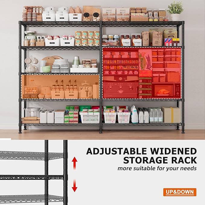REIBII 1600LBS Storage Shelves 69.8''W Metal Shelving 5 Tier Wire Shelving Unit,Pantry Shelves Kitchen Shelves Adjustable Wire Commercial Shelf for Garage Storage Shelves, 69.8" Wx15.8 Dx72.4 H, Black
