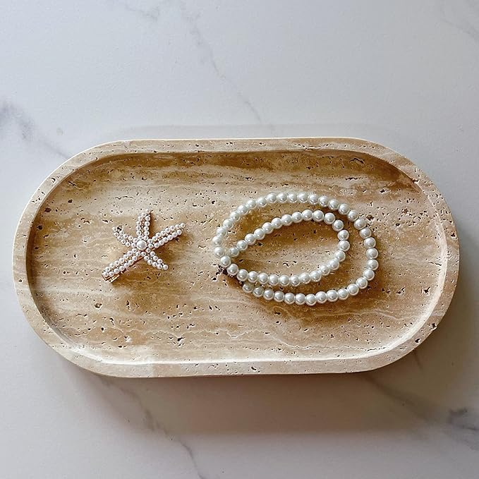 SAIDKOCC Marble Oval Handmade Tray Ornaments Vintage Tray Storage Dish for Counter,Coffee Table,Nightstand and Desk,Bathroom (Beige Travertine)
