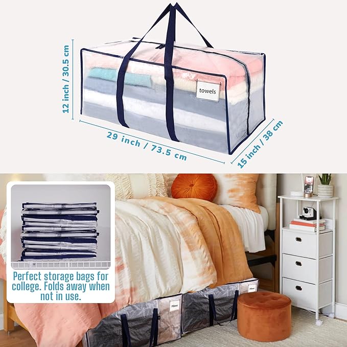 VENO 8 Pack Moving Bags, Christmas Storage Containers, Storage Bins with Lids, Reinforced Wraparound Handles, Packing Bags for Clothes, Bedding, Comforters (Clear, 8 Pack)