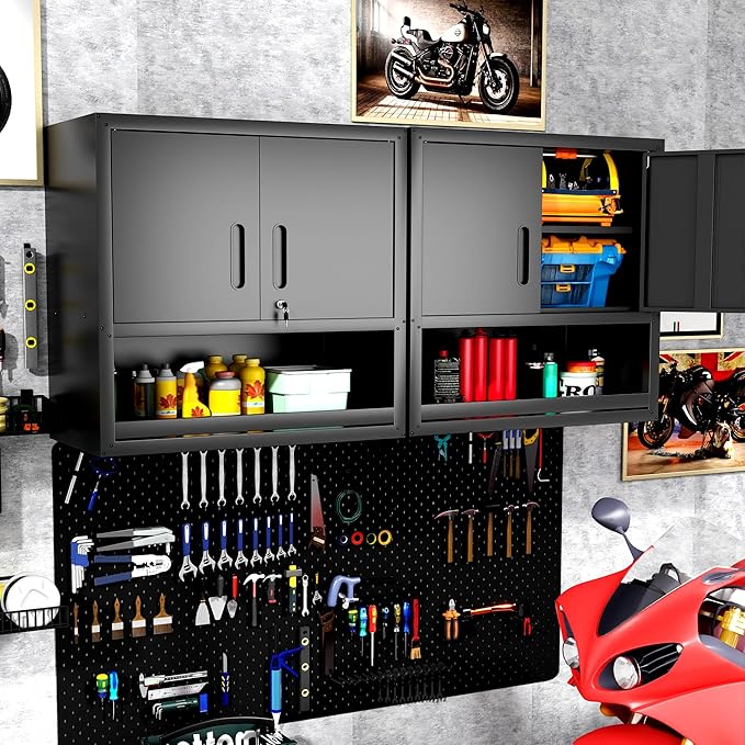 BIZOEIRON Garage Wall Cabinet with Doors and Shelves, Wall Mounted Metal Storage Cabinet with Open Storage, Lockable Hanging Tool Cabinet for Garage Utility Room, Black