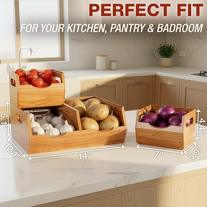 HOMESTEAD Stackable Solid Wood Storage Bins for Pantry & Countertop, Ventilated Potato and Onion Basket Organizer with Handles, Wooden Produce Storage Containers, 3 Pack, Natural Wood