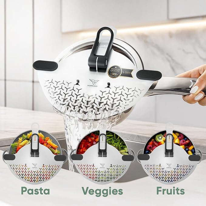 Kitchen Strainer & Pot Drainer Clip-On Stainless Steel Colander for Pots & Pans (6.3-9.8 in / 16-24 cm) | Universal Fit Pasta & Noodle Strainer | Hands-Free Swiss Design, Dishwasher-Safe