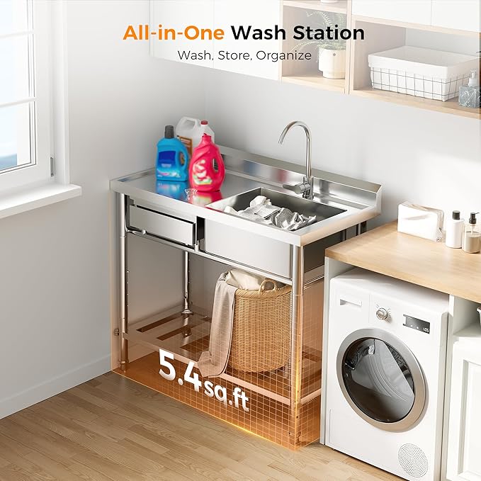 4-Height Adjustable 39" Utility Sink 18/8 Stainless Steel, 400lb Capacity & Storage Drawer, Freestanding Laundry Sink Workstation for Garage, Kitchen, RV, Basement