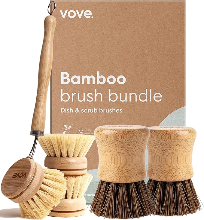 Vove Dish Brush Bundle - FSC-Certified Bamboo Dish Brush & Scrub Brush, 3 Replacement Heads - Natural Fiber Bristles - Non-Toxic, Plastic-Free Kitchen Set