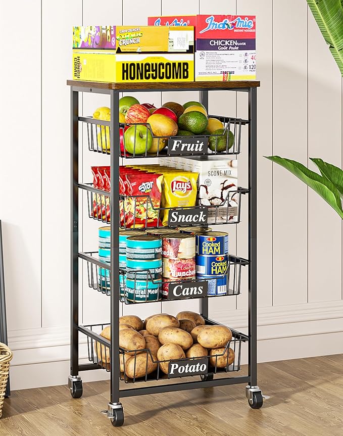 Fruit Basket, 5-Tier Utility Kitchen Organizer and Storage Cart with Pull-Out Baskets and Wood Top, Rolling Pantry Kitchen Cart on Wheels for Fruit Potato Onion Vegetable Snack Produce