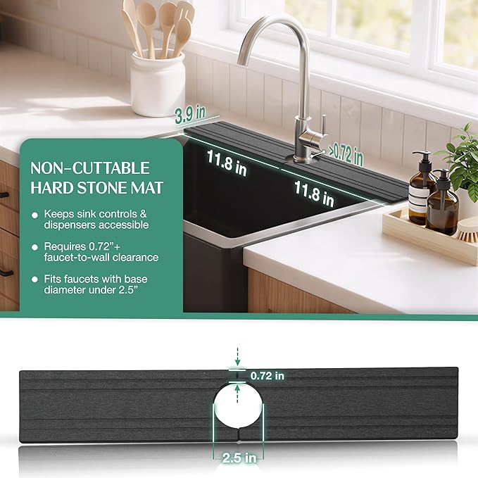 Stone Faucet Mat for Kitchen Sink Splash Guard 23.6" x 3.9" with 2.5" Center Hole | Dark Grey Diatomite Drying Stone Mat | Non-Slip Stone Tray for Kitchen Counter with Premium Texture