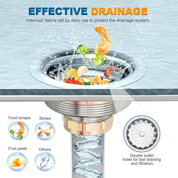 3-1/2 Inch Kitchen Sink Drain Assembly with Strainer Basket/Drain Stopper, All Stainless Steel Sink Drain Kit Durable and Rustproof