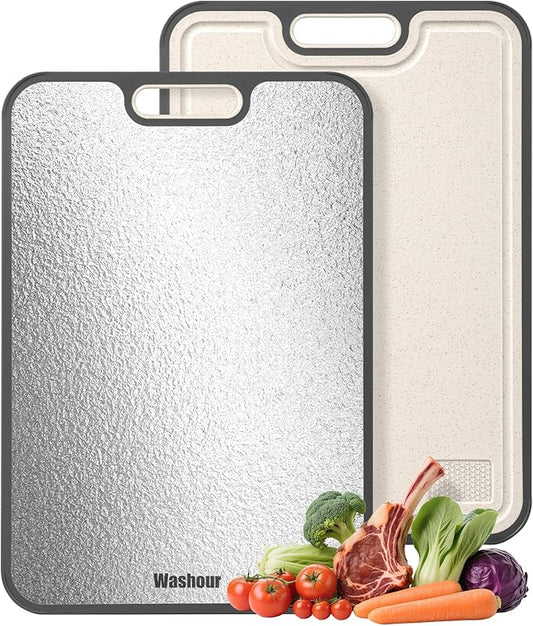 Washour Stainless Steel Cutting Boards for Kitchen, Non Toxic 2-in-1 Cutting Board Double Sided, Chopping Boards for Fresh Meat Vegetable, Easy to Clean Large Size 16”×11”