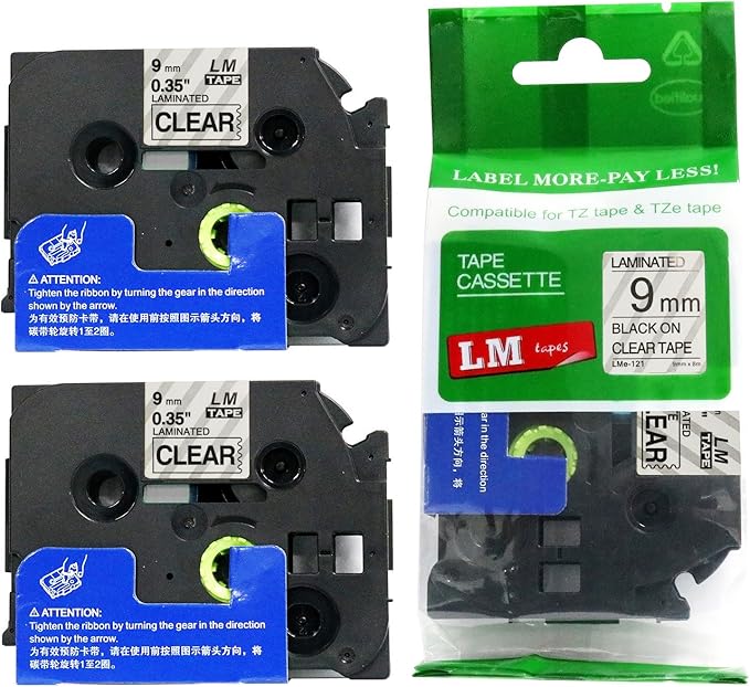 2/Pack LM Tapes - LMe121 Premium 3/8" Black Print on Clear Label Compatible with P-Touch TZe121 Tape and Includes Tape Color/Size Guide. Replaces Ptouch TZ121 9mm 0.35 Laminated.