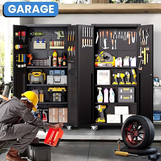 BIZOEIRON Garage Metal Storage Cabinet with Pegboard, 71'' Tall Storage Cabinet with Adjustable Shelves and Doors, Rolling Tool Cabinet on Wheels for Garage, Utility Room (Black)