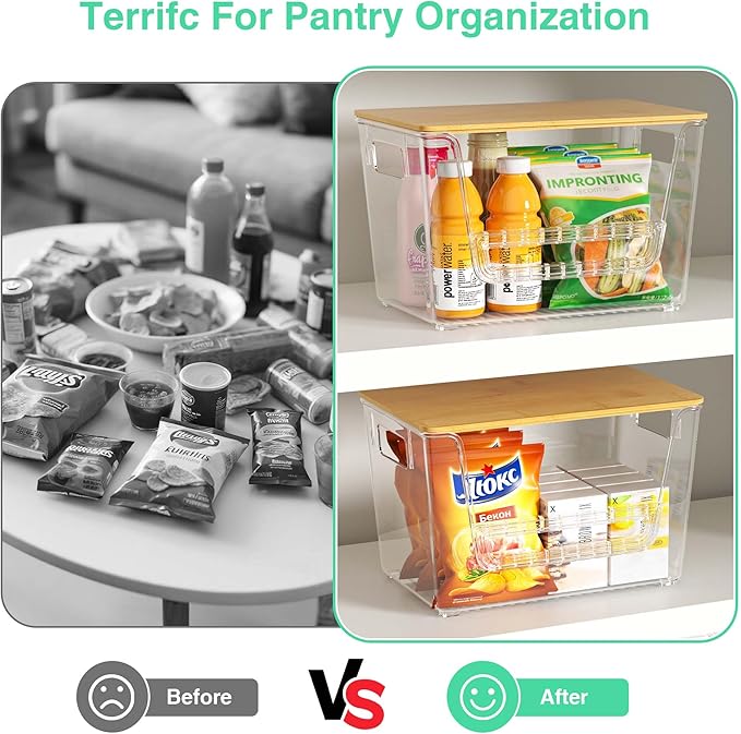 WARRIORS 2 Set Pantry Organizers,Stackable Potato and Onion Storage Bins with Bamboo Lids,Trash Bag Dispenser for 4-13 Gal Bags,kitchen Countertop Organizer for Produce or Snacks