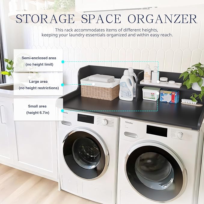 DTK Washer Dryer Wood Countertop with Shelf, Laundry Topper with Non-Slip Mat,27.55" Depth x 54" Width Dryer Covers for The Top with Edge Rails, Black
